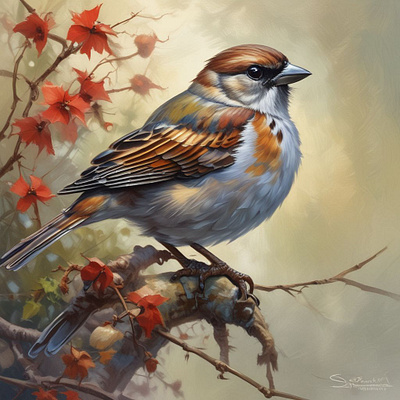 Realistic Sparrow Illustration on Autumn Branch forest bird