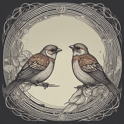 Twin Sparrows in Ornamental Frame – Vintage Nature Illustration