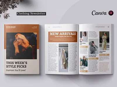 Clothing Newsletter | Canva brand branding brochure brochure design brochure template canva canva design canva template clothing brochure clothing newsletter clothing template design graphic design newsletter template