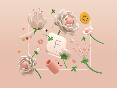 F is for Flowers 3d abstract emoji flowers future graphic design illustration