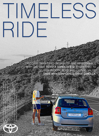 Toyota Poster - Timeless Ride with Corolla 2023 bw cars corolla design graphic design minimalist modern monochrome people personal picture poster project sleek summer timeless toyota ui ux