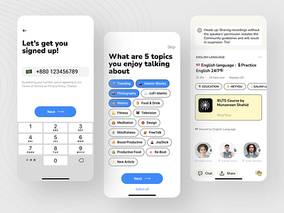 Talk, listen, hang out - Mobile UI clean app clean mobile app design graphic design mobile mobile app mobile app design mobile design mobile ui mobile ux onboarding ui ui ux ux uxui