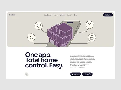 Sentinel homepage interaction app design clean ui dashboard design digital product flat illustration home security interaction design landing page minimal design monitoring security system smart home startup technology uiux website design
