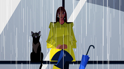 Raining day 2d animation cat illustration rain woman