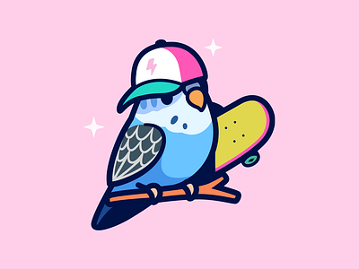 Budgie animal bird branding budgie cartoon colorful cute fun icon illustration kawaii logo mark mascot roll skate