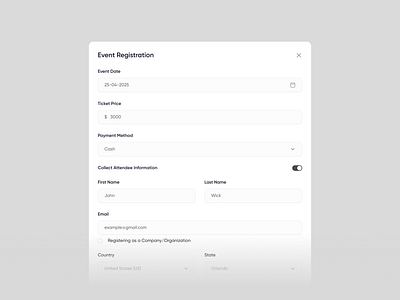 Event Registration Modal UI/UX Design data heavy event form input minimal modal product design registration switch toogle ui ux
