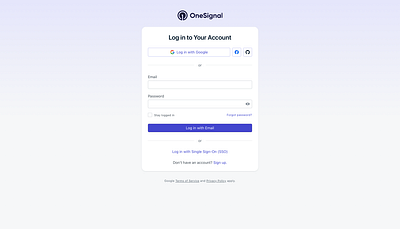 OneSignal Sign Up UI Redesign analytics continue dog email facebook github google log in onesignal optimize optimized password rearranged redesign redesigned refresh sign in sign up ui ux