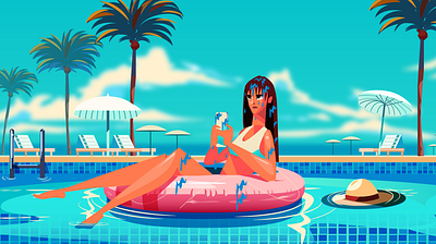 Pool day 2d animation illustration pool vacation women