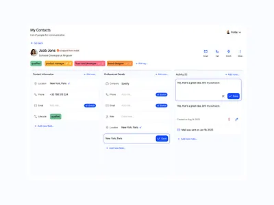 Lead Management, Reimagined cleandesign contact ui crm draganddrop figmadesign lead detail ui lead ui productdesign prospect detail ui saas tags ui uiux uiuxdesign