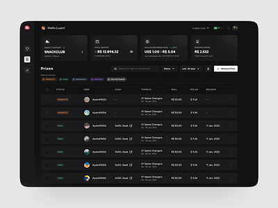 Automated payout for SNACKCLUB tournament winners payout product design ui ux