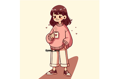 Cartoon Girl Cheerfully Holding a Cup Chocolate bar beverage cafe chocolate concept cream creamy delicious dessert diner drink elements glass menu milkshake restaurant shake smoothie sweets tasty