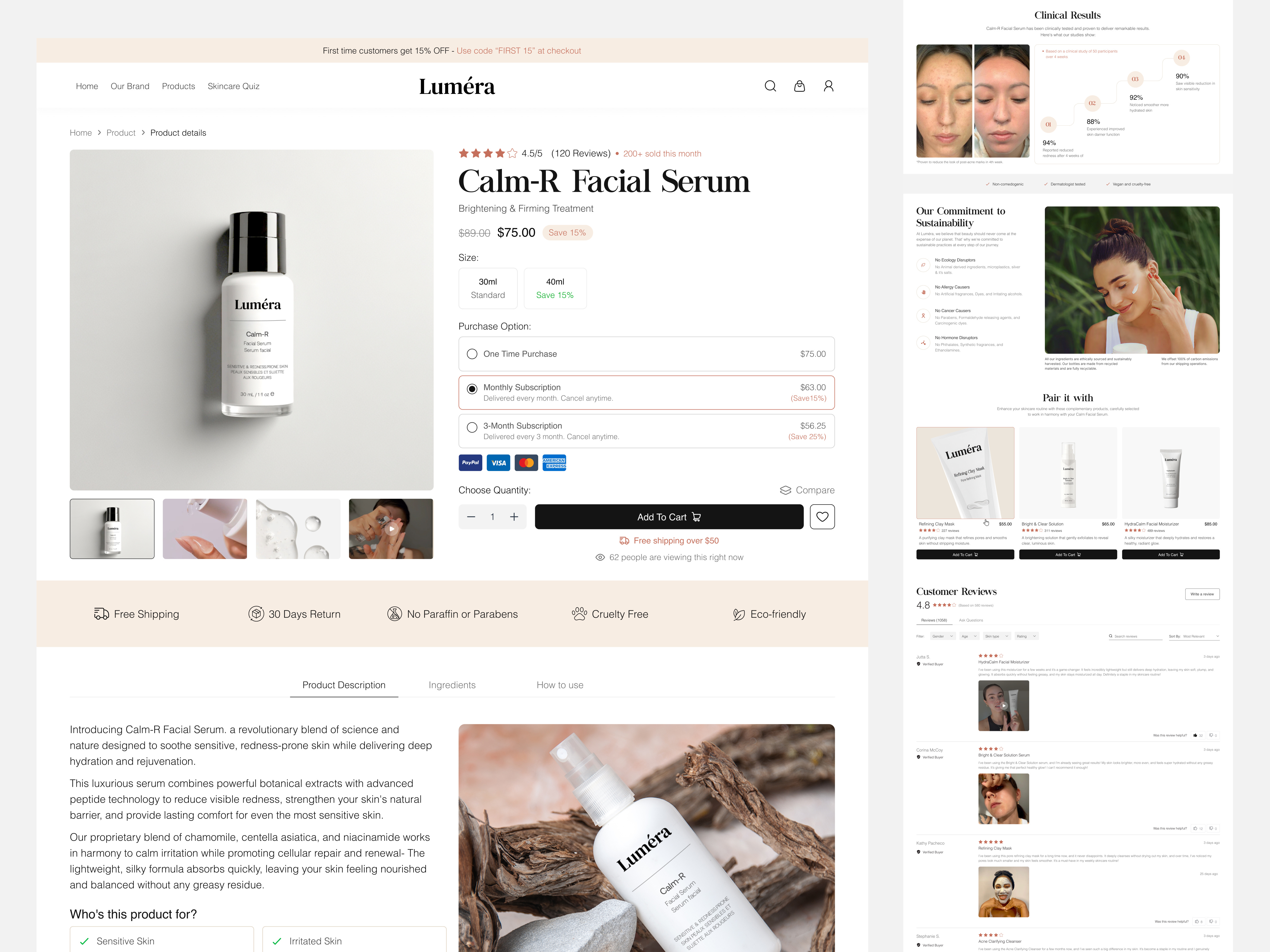 E-commerce product details page agency beauty product beauty store best design agency branding creative design ecommerce landing page landing page logo lumera minimal ui ux design modern ui pricing section product detail page skin care ui ux vexo lab