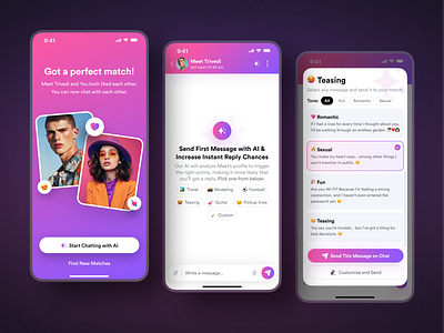 Dateazy: AI Dating Mobile App Design ai app ai dating app app design chatting colorful app dating dating app match found minimal design mobile app ui modern app new ui app online dating relationship ui