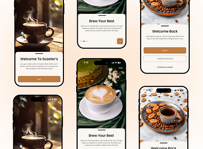 Onboarding & Login –Coffee Shop Mobile App appdesign coffee shop coffee ui coffeeapp interactiondesign loginui minimaldesign mobileappdesign onboardingui scooterscoffee uidesign uiux userinterface uxdesign