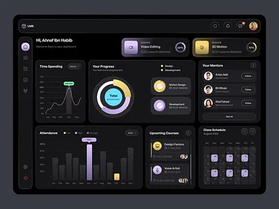 Learning Management System Dark Dashboard dark theme dashboard design e learning edtech education education tech learning management learning platform modern ui online learning school student portal uiux university webdesign