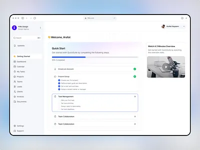QuickSuite: Welcome Page Design agencymanagement agencyworkflow businesssoftware clientexperience crmsoftware dashboarddesign designportfolio e signature freelancertool invoiceautomation invoicedesign leadmanagement leadpipeline productivityapp saasdesign servicebasedbusiness smallbusinesstech tasktemplates uiinspiration workflowsolution