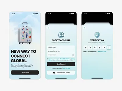 eSIM Onboarding Experience for Global Connectivity account setup screen clean mobile design esim onboarding ui global connectivity ui global data connectivity mobile app journey mobile app ui mobile form design modern sign up flow onboarding process ui seamless account creation secure authentication ui simple login process smooth ui transitions travel app onboarding travel esim service ui user experience design user friendly design user registration flow verification screen ui