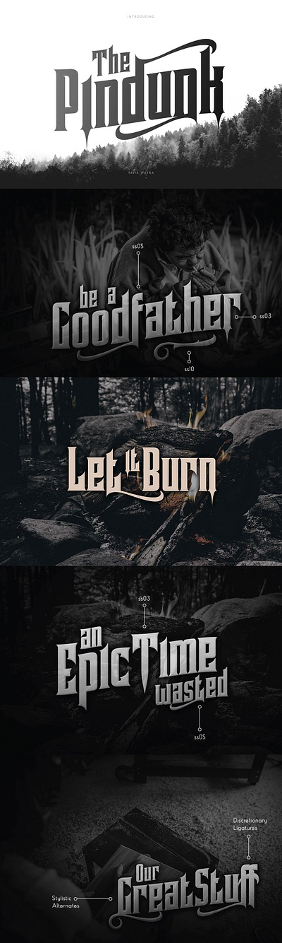 Pindunk Decorative Typeface alternates ligatures band music black friday blackletter clothing line curve cut off decorative display logo gothic modern movie pindunk decorative typeface poster ui