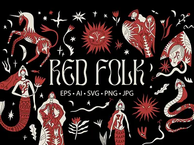 Red Folk Bundle art boho branding bundle design fairytale folk folk horror folklore illustration kokoshnik magic mermaid set slavic spell vector