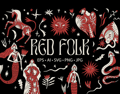 Red Folk Bundle art boho branding bundle design fairytale folk folk horror folklore illustration kokoshnik magic mermaid set slavic spell vector