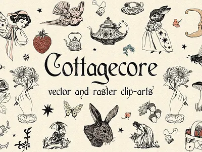 Cottagecore Bundle animals art boho book illustration branding bundle clipart cottagecore cute fairytale illustration logo magic retro scandi set tea time vector vintage woodland