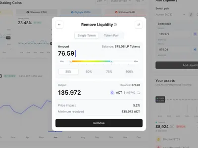 Crypto DeFi App: Remove Liquidity Module blockchain crypto crypto exchange crypto finance crypto trading dashboard defi defi app jnk liquidity product design saas staking token swap transaction ui component web app web design web3 web3 dashboard