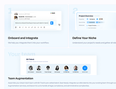 Bento Grid - Agency Integration bento branding define design graphic design grid illustration minimal motion graphics niche onboard project overview slack talent team augmentation typography ui design vector website workflow