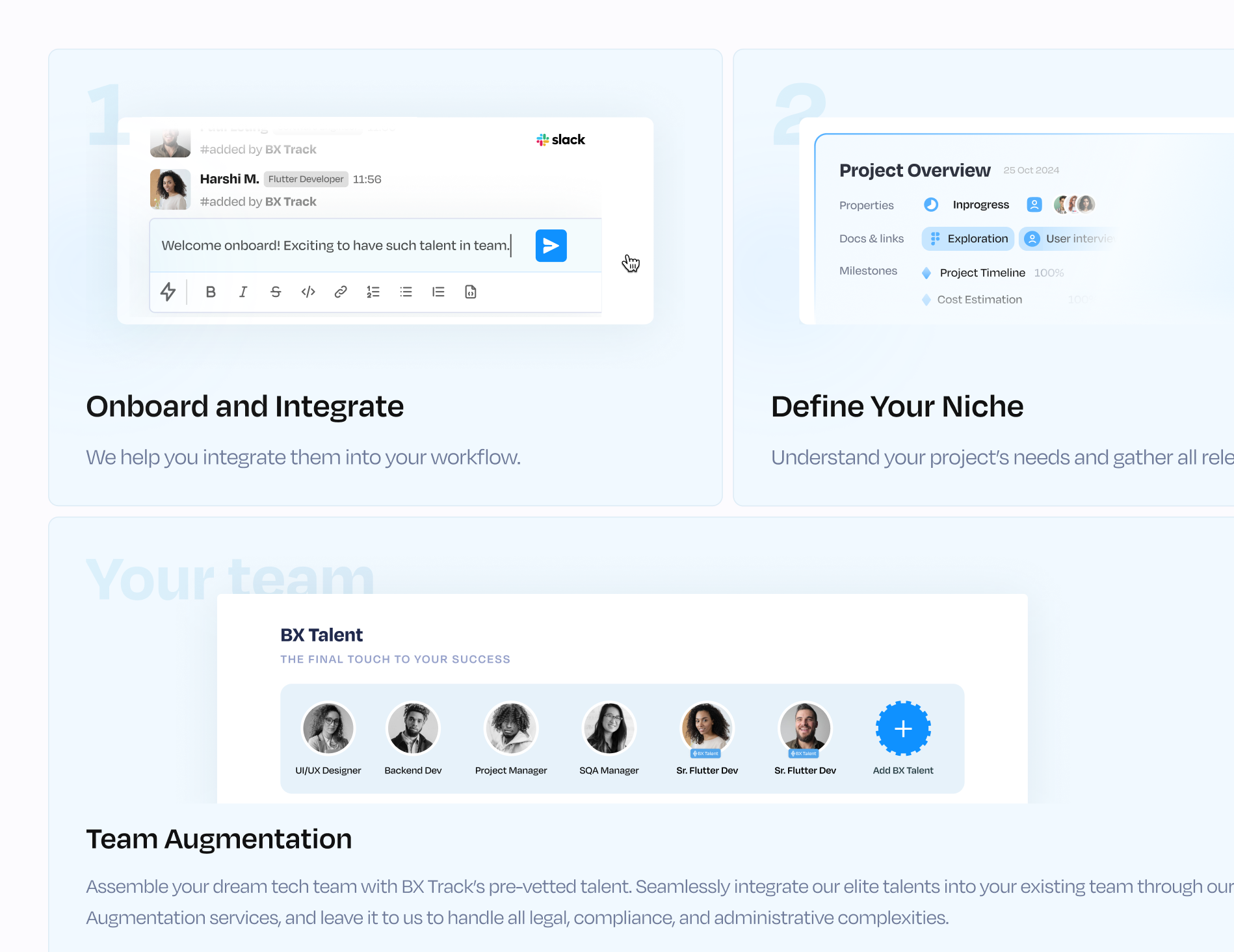 Bento Grid - Agency Integration bento branding define design graphic design grid illustration minimal motion graphics niche onboard project overview slack talent team augmentation typography ui design vector website workflow