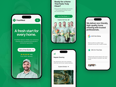 FreshNest - Residential Cleaning Agencies Website Design animation branding cleaning agency design framer template landing page minimal residential cleaning website responsive design smooth animations typography ui ux web