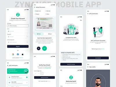 📱 Zynance Mobile App – eKYC & Onboarding Flow account creation app concept ekyc fintech app mobile app mobile ui modern ui onboarding ux design verification flow