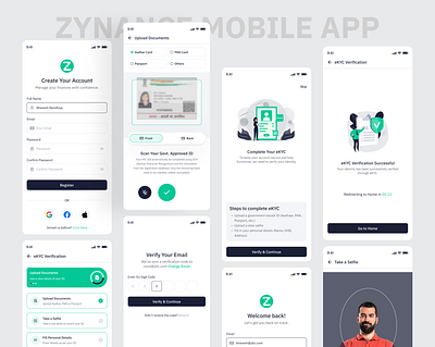 📱 Zynance Mobile App – eKYC & Onboarding Flow account creation app concept ekyc fintech app mobile app mobile ui modern ui onboarding ux design verification flow