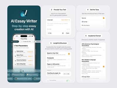 AI Essay Writer App Project ai app app store assistant cards clean essay graphic design ios iphone mobile mockup modern steps ui ux writer writing