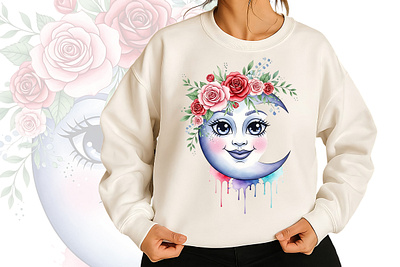 Floral Moon Watercolor T Shirt Design clothing design fashion floral full moon graphic design halloween illustration moon rose tshirt typography vector watercolor
