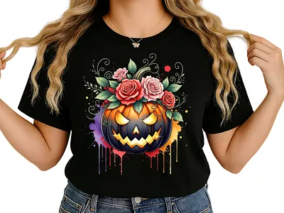 Watercolor Floral Pumpkin Halloween Art autumn clothing design fashion holiday illustration pumpkin pumpkin tee scary spooky tshirt typography vector witch