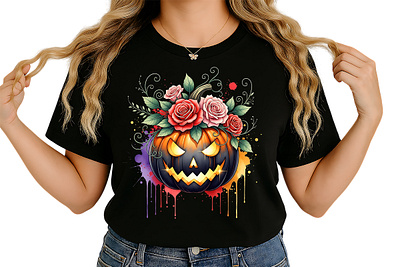 Watercolor Floral Pumpkin Halloween Art autumn clothing design fashion holiday illustration pumpkin pumpkin tee scary spooky tshirt typography vector witch