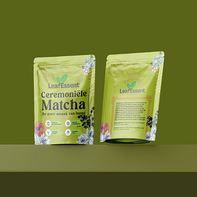 LeafEssent Ceremoniële Matcha 🍵 branding design eco packaging graphic design illustration label design logo matcha design matcha packaging packaging design pouch packaging product branding product label design social media post supplement label supplement label design tea tea packaging ui wellness