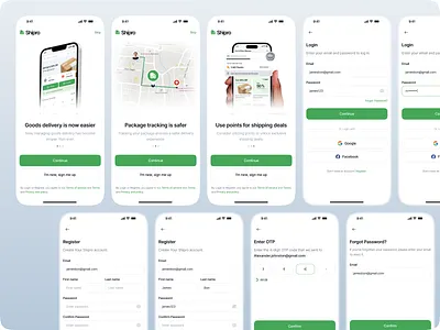 Shipro - Onboarding, Sign up, Login, Forget password app design confirmation email delivery app figma forget password forgot password input field login mobile app onboard otp password register registration shipment shipping app sign in sign up ui