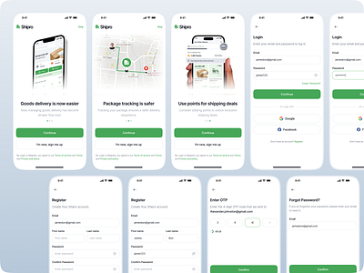 Shipro - Onboarding, Sign up, Login, Forget password app design confirmation email delivery app figma forget password forgot password input field login mobile app onboard otp password register registration shipment shipping app sign in sign up ui