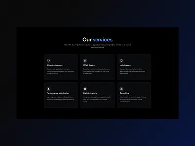 NOVAION Services bento bleu card cta dark feature landing page services web