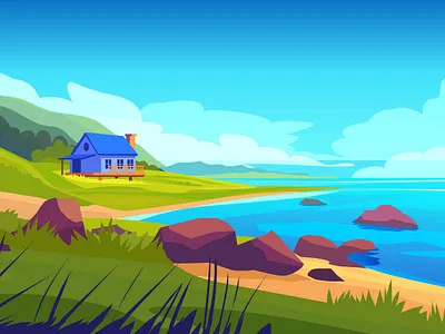 Modern Vector Coastal View – Travel & Nature Art adventure beach beach cottage coastal landscape flat illustration house illustration minimalist peace seaside summer summer vacation travel vector