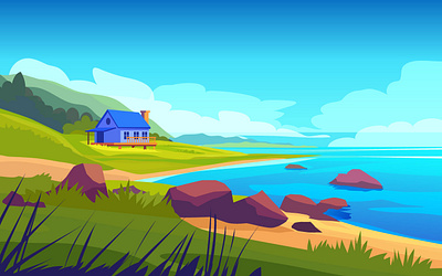 Modern Vector Coastal View – Travel & Nature Art adventure beach beach cottage coastal landscape flat illustration house illustration minimalist peace seaside summer summer vacation travel vector