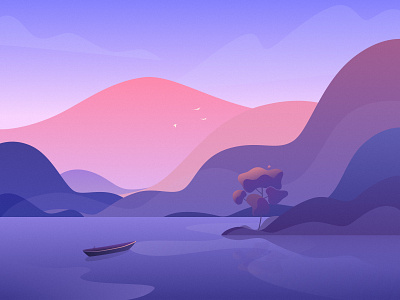 Tranquil bird blue boat cloud design digital art digital illustration draw illustration landscape mountain nature painting pink purple sky tree vector illustration wallpaper