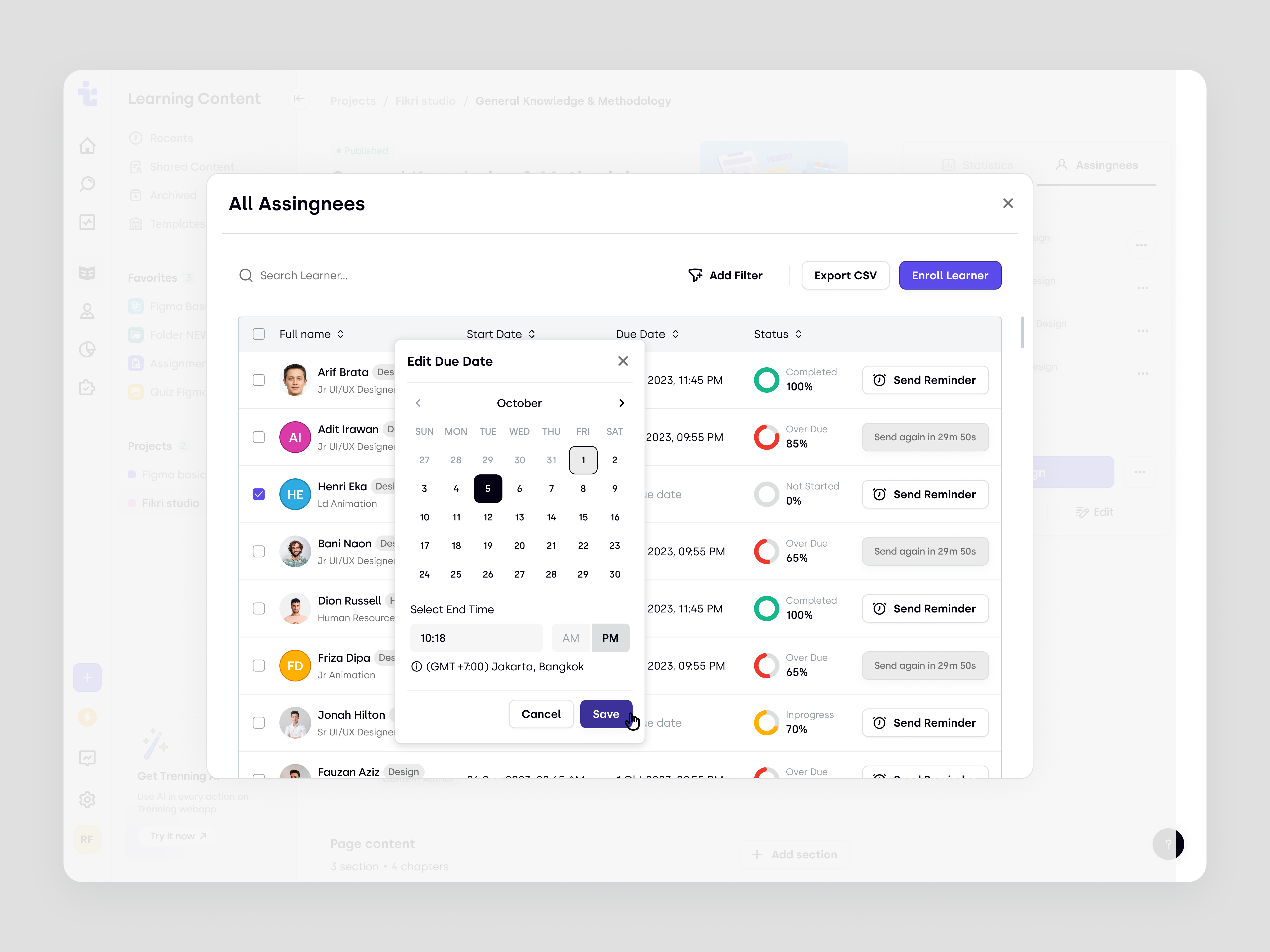 Trenning – Course Enrollees in the SaaS LMS admin dashboard assignee management course management course progress edtech education platform learning management system lms online course product design reminder system saas saas design student tracking training ui ux web app web design