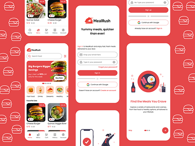 MealRush - Restaurant Food Delivery Mobile App app design delivery app delivery tracking ecommerce app food app food delivery food ordering minimal design mobile app mobile ui modern ui onboarding ordering system product design restaurant app splash screen ui ux uiux design user interface ux design