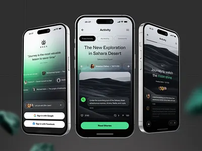 VACA Travel Storytelling Mobile App activity book forum future green homepage like login mobile mobile app mobile ui modern premium read share stories storytelling travel ui ui ux