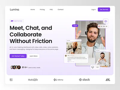 Lumina - Meeting Dashboard Hero Section call clean conference hero hero section landing landing page meeting online meeting saas ui ux videocall web design website zoom