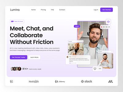 Lumina - Meeting Dashboard Hero Section call clean conference hero hero section landing landing page meeting online meeting saas ui ux videocall web design website zoom