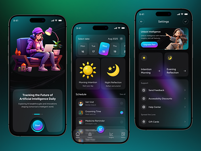 AI Journal and Diary App ai ai app ai assistant diary app emotion tracker habit tracker illustration journal mental health app mobile app mood tracker neon colors app note app personal growth self care task management app ui wellness app