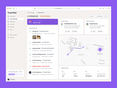 Track Pilot – Package Tracking Dashboard branding cards components dashboard delhivery delivery design enterprise landing page logistics map view minimal package deliver saas sender timeline tracking ui ux web
