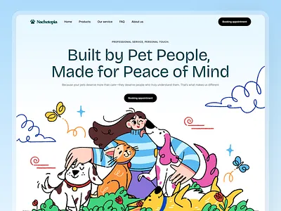 Nachotopia🐾 - Pet Care Header Design ✨ cat lovers character design dog lovers happypets home page homepage illustration illustrationoftheday landing page landingpage pet petcare petgrooming petlovers ui ui design ui illustration ux web design website